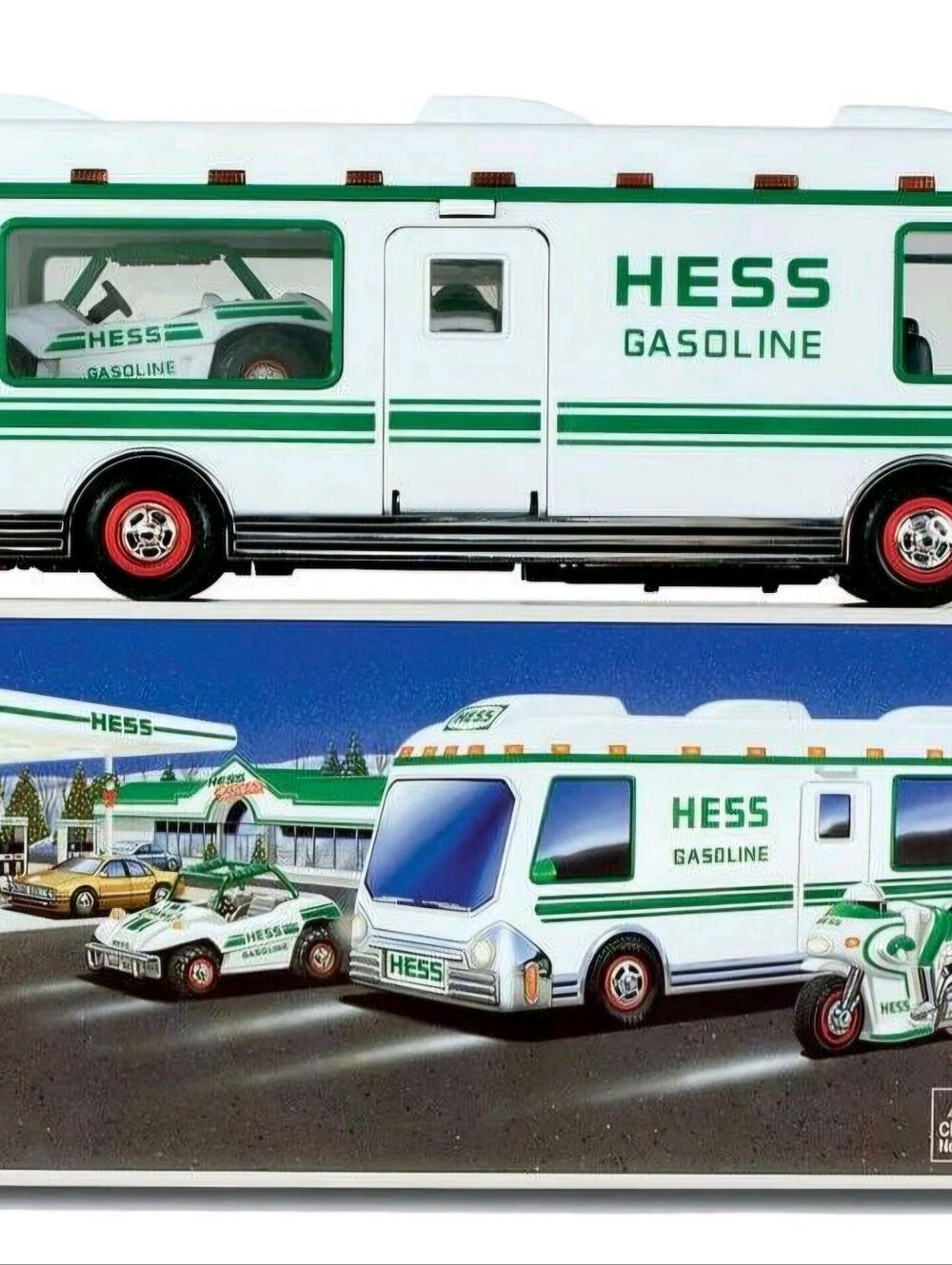 HESS Gasoline White & Green Toy RV and Race Car Playset
